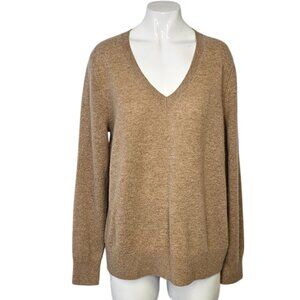 Hudson North Womens 100% Cashmere V-Neck Long Sleeve Sweater, Tan, Luxury, Large